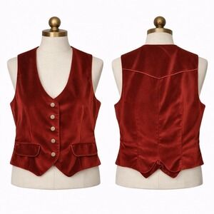 Gianni Bini VTG Red Velvet Satin Vest Button Front Faux Pockets Size Medium